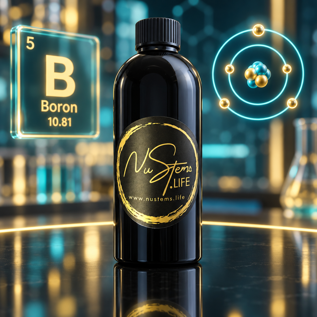 NuStems supplement resting on table with boron anatomic number