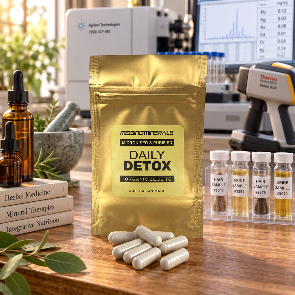Daily Detox capsules on a natureopathy dispensing table with heavy metal testing equipment