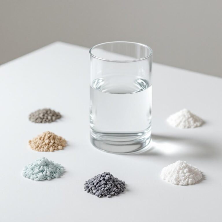 Glass of water surrounded by minerals on table