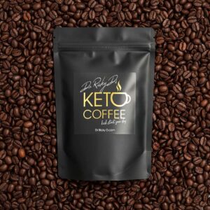 Keto coffee packet on roasted coffee beans.