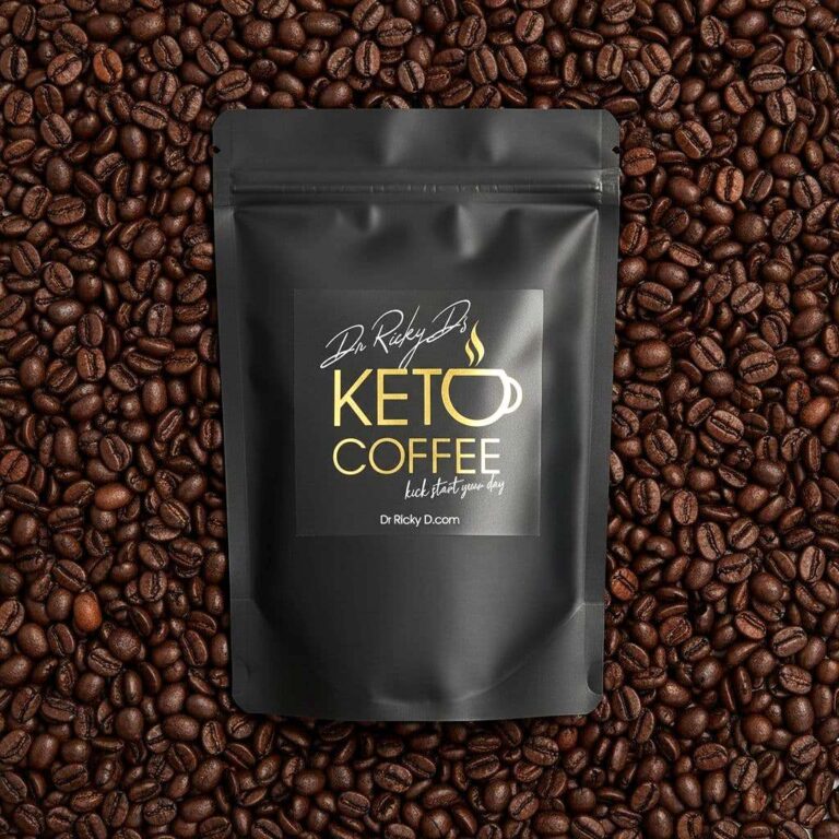 Keto coffee packet on roasted coffee beans.