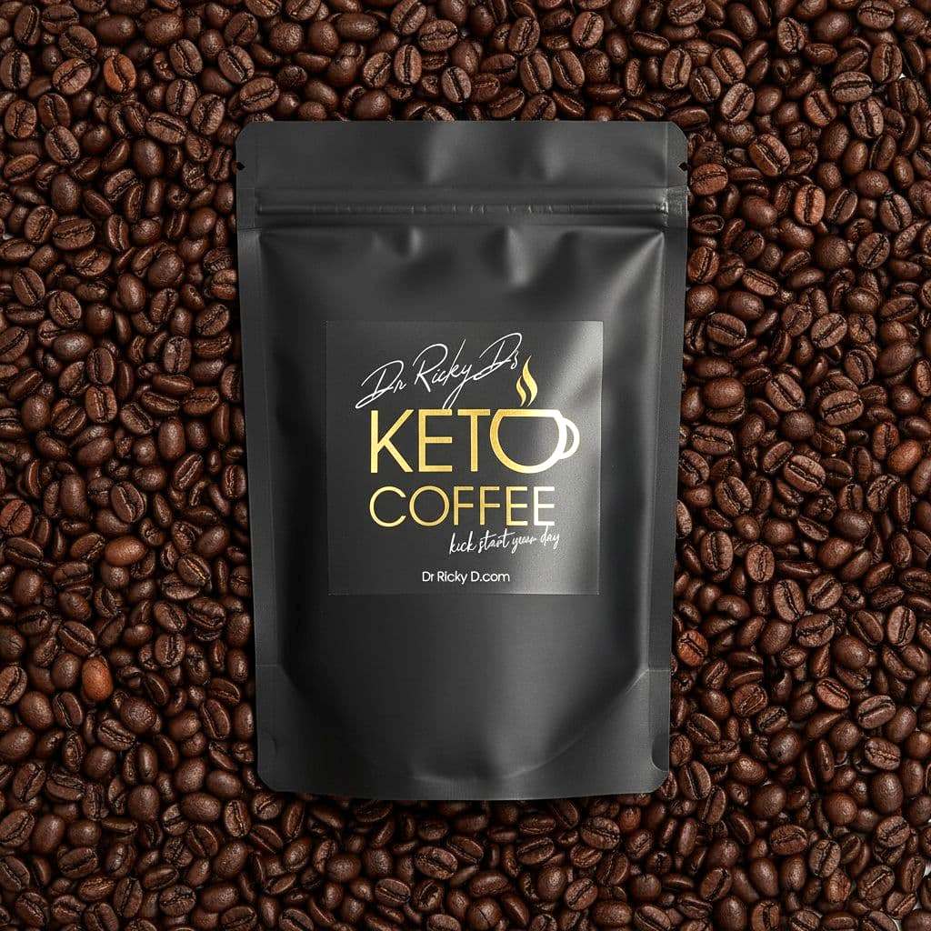 Keto coffee packet on roasted coffee beans.