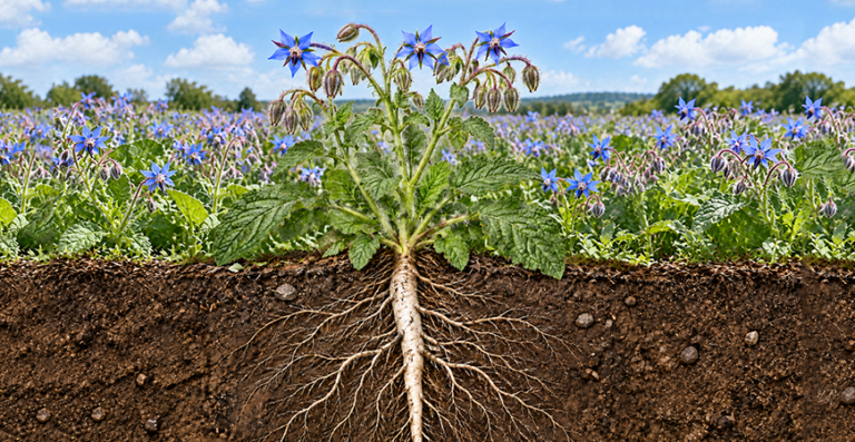 Dr Ricky D Joint Serum with Borage Tap Root in a Field of Borage