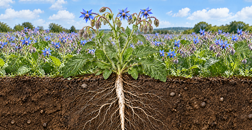 Dr Ricky D Joint Serum with Borage Tap Root in a Field of Borage
